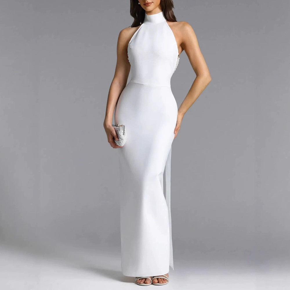 Forever 21 Summer Fitted White Pearl Halter Neck Dress